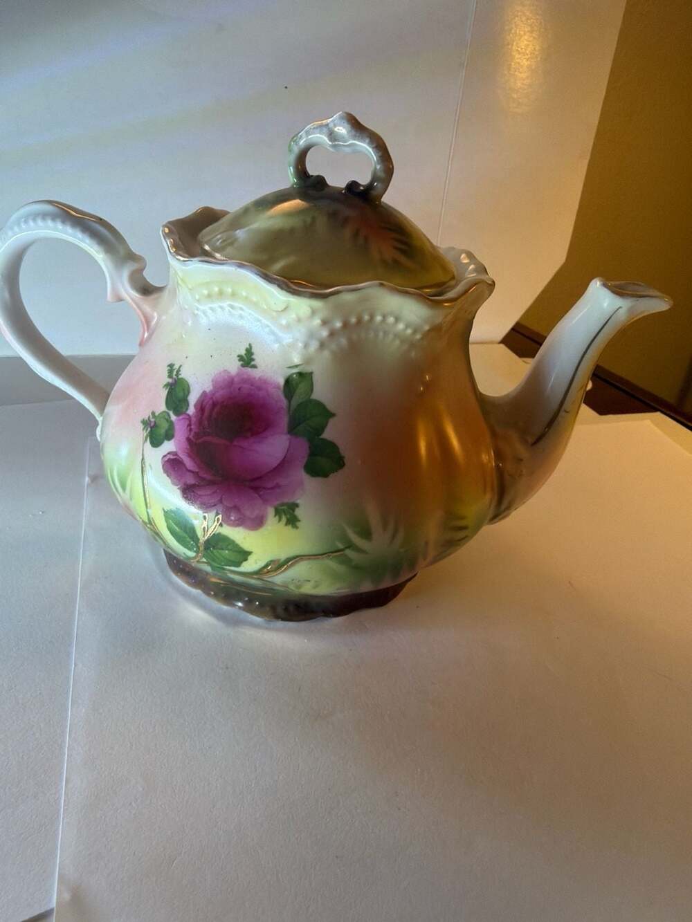 Leuchtenburg Germany Antique Porcelain Teapot with Pink Rose and Gold Trim